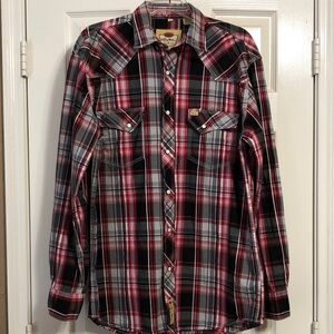 Larry Mahan Red and Black Plaid Pearl Snap Men's Shirt Size Large